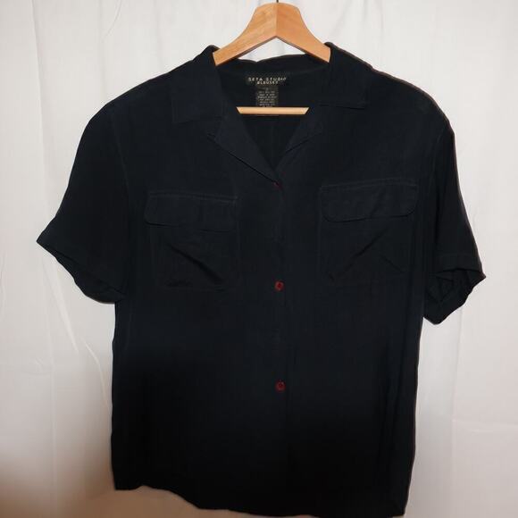 Seta Studio Blouses 100% Silk Size Small Short Sleeve Midnight Blue Button Up - Picture 5 of 13